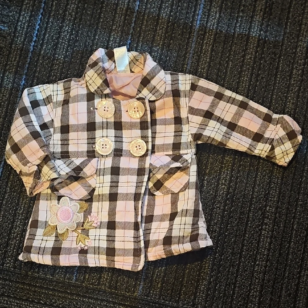 Charming Plaid Pea Coat with Floral Accent